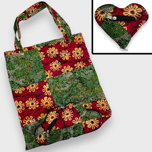 Hand Crafted Handbags - Handmade Tote Bag Heart Shape Zip-Up Fabric Batik Print Red‎ Green Change Pocket